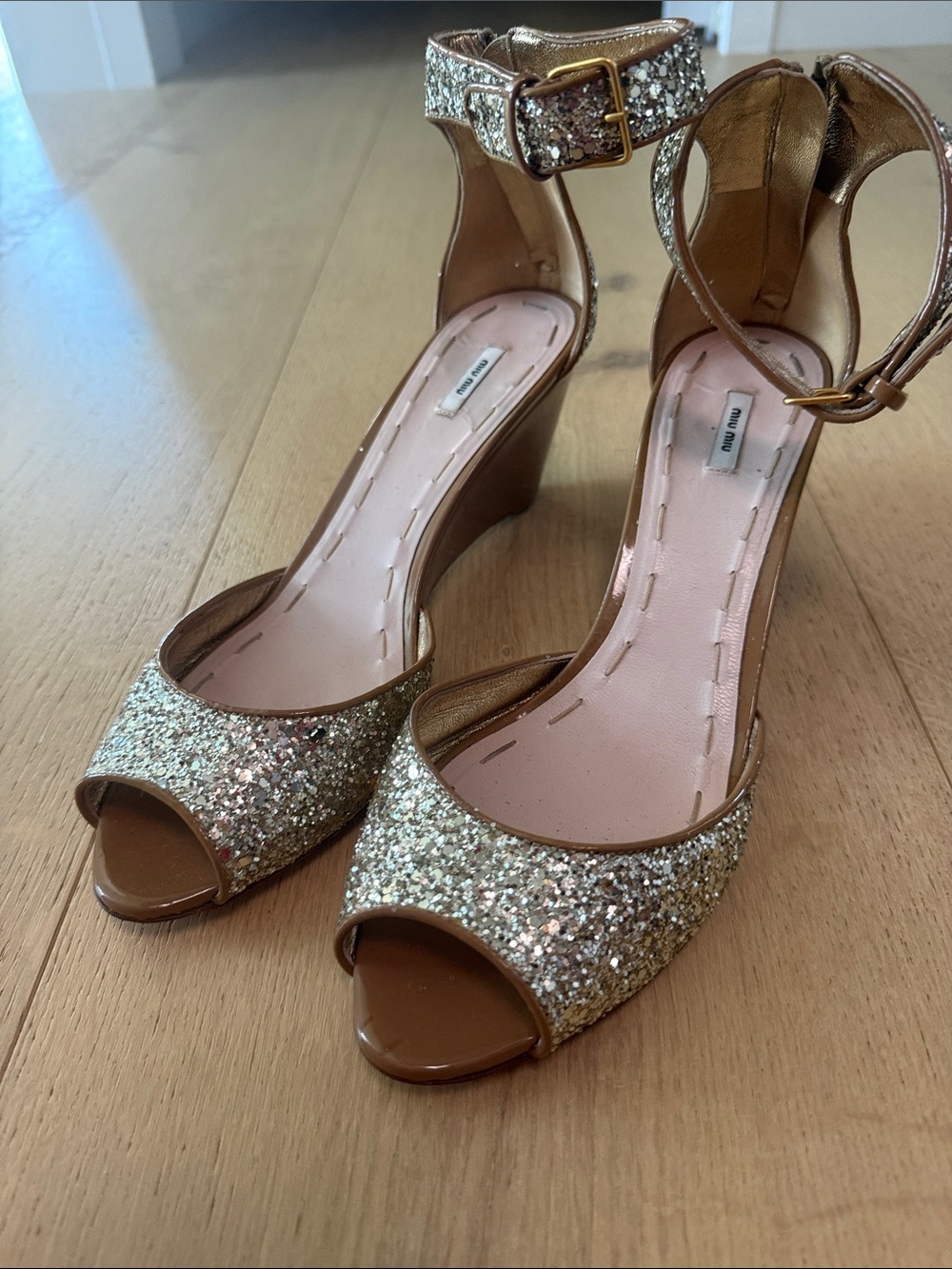 Miu Miu Gold Glitter Peep-Toe Wedge Sandals with Ankle Strap